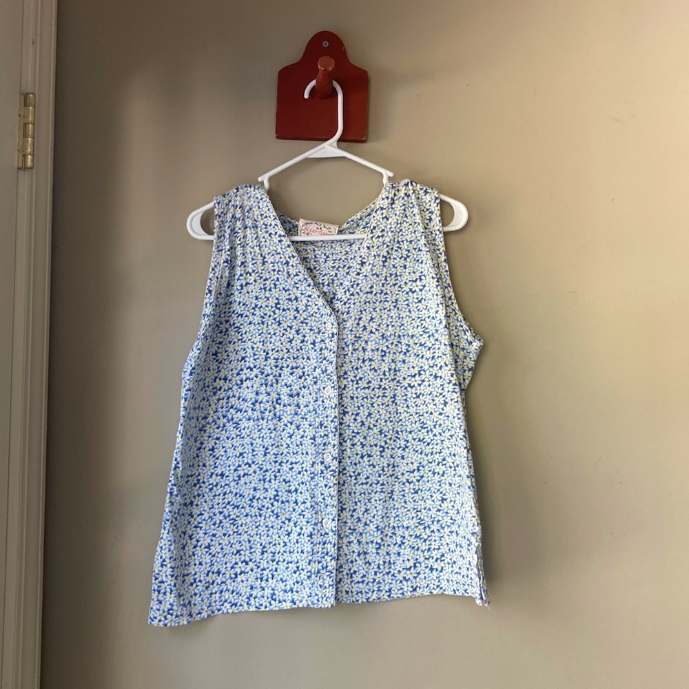 Vintage Sleep Club Blue & Yellow Floral 100% Cotton Button Down Pj Shirt L